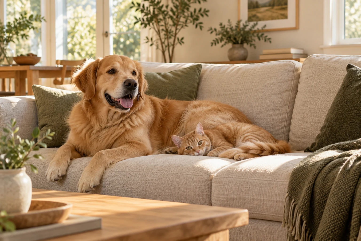 Un perro golden y un gato descansan juntos en un sofá de un hogar luminoso