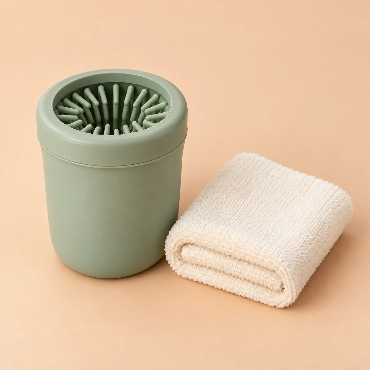 Concepto de kit para patitas con vaso limpiador y toalla