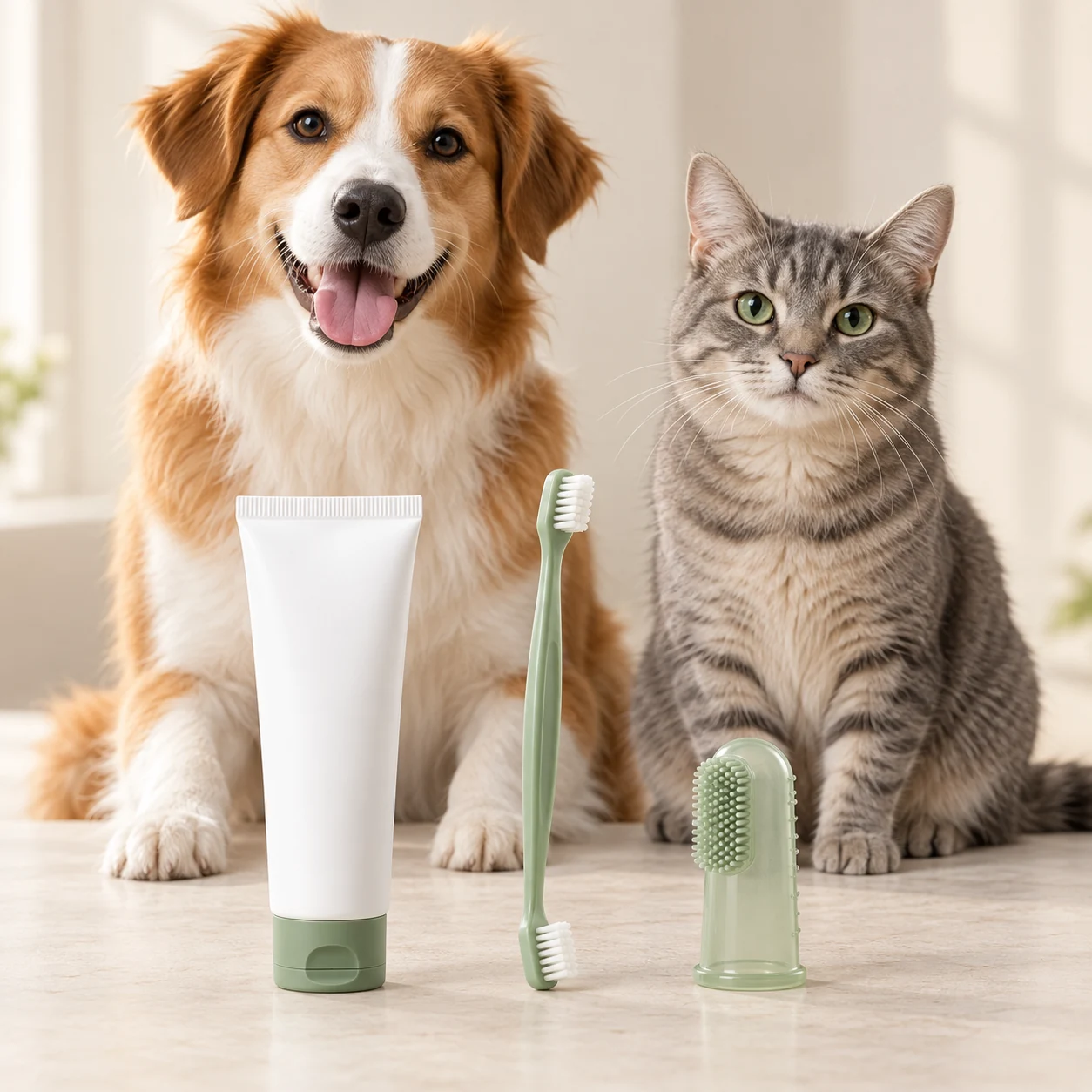 Dog, cat, and tools in the Fresh Mouth Routine kit