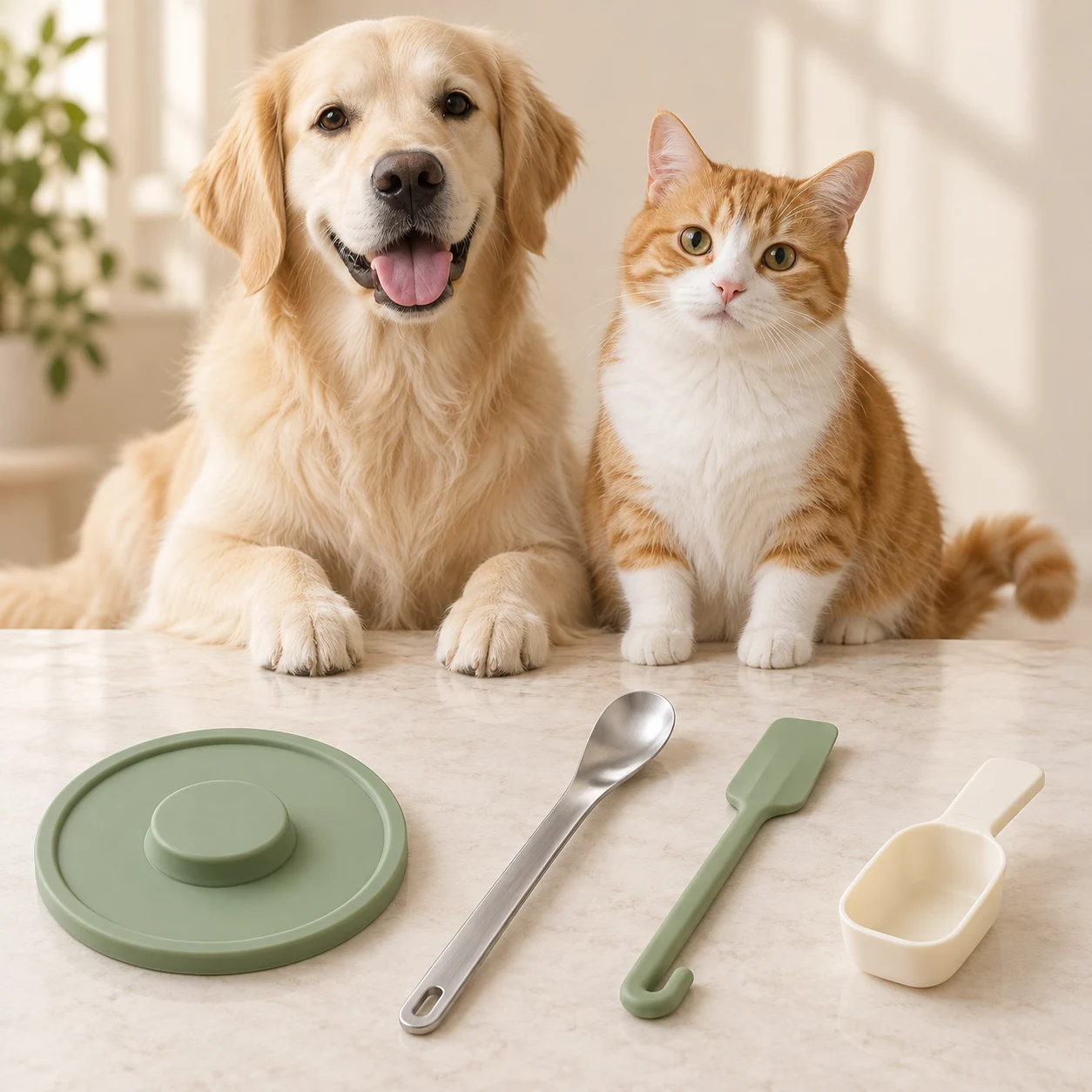Perro, gato y herramientas del kit Comida bien guardada